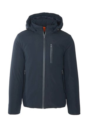 Giacca blu navy con cappuccio, chiusura lampo frontale, tasca sul petto con zip e due tasche laterali con zip.