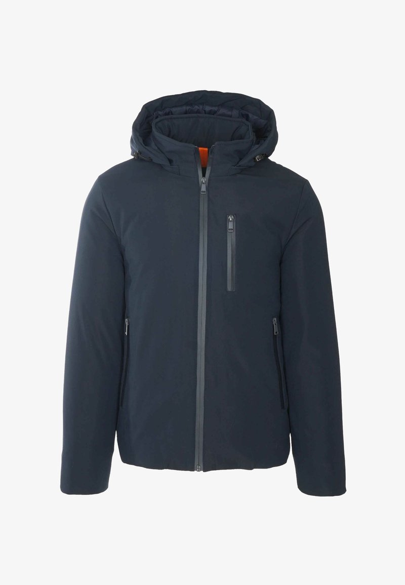 Giacca blu navy con cappuccio, chiusura lampo frontale, tasca sul petto con zip e due tasche laterali con zip.