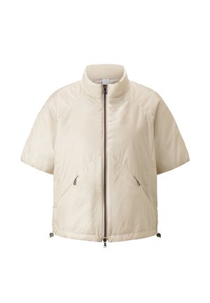 Short-sleeve, lightweight jacket in cream, featuring a high collar, front zipper, and two side pockets with drawstring adjustments.