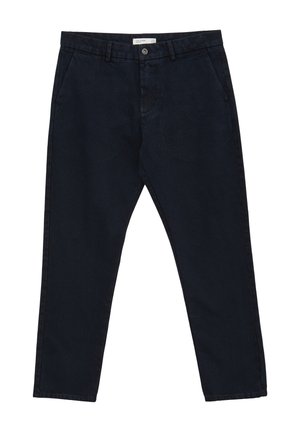 Dark navy chinos with a smooth fabric texture, featuring a front button closure, side pockets, and a straight-leg cut.