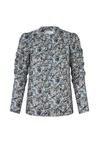 Bluse mit floralem Muster in Hellblau, Grün und Mauve. Mit langen Ärmeln, gerafften Schultern und einem leicht strukturierten Ausschnitt.