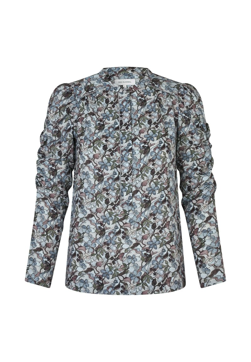 Bluse mit floralem Muster in Hellblau, Grün und Mauve. Mit langen Ärmeln, gerafften Schultern und einem leicht strukturierten Ausschnitt.