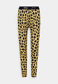Żółte legginsy w czarno-leopardzi wzór, z czarnym pasem w talii z logo. Wykonane z elastycznego, gładkiego materiału.