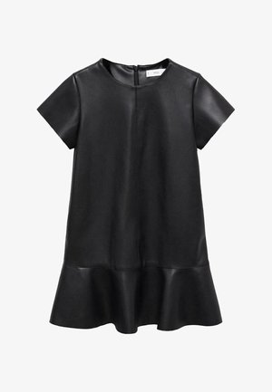 Svart läderklänning med korta ärmar, runt halsringning och utsvängd fåll. Slät textur, minimala sömmar och dragkedja bak.