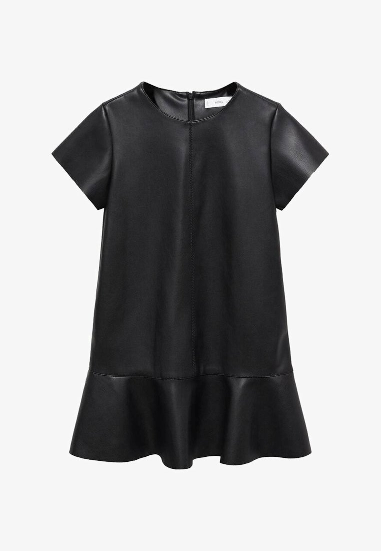 Vestido de cuero negro con mangas cortas, escote redondeado y dobladillo acampanado. Textura suave, costuras mínimas y cierre de cremallera en la parte posterior.