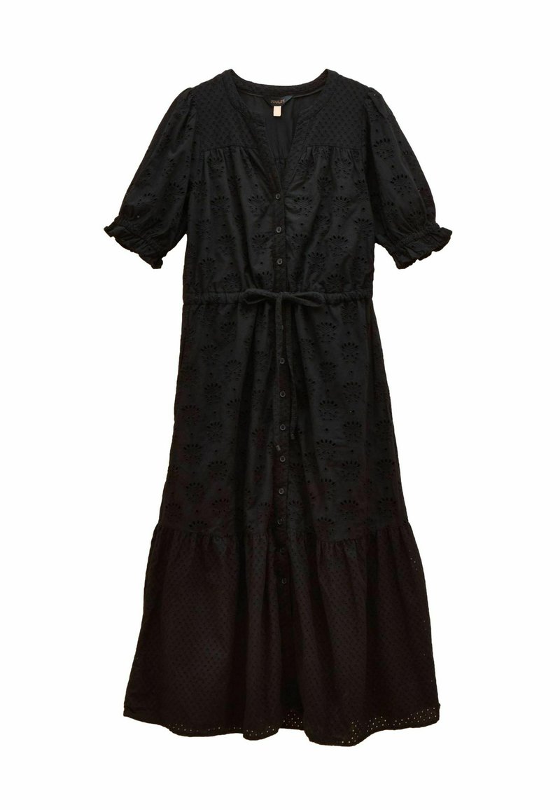 Schwarzes Midikleid aus strukturiertem Stoff mit gestickten Blumenmustern, kurzen Puffärmeln, Knopfleiste und einer taillierten Bindung.