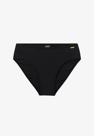 Zwarte zwemslips voor vrouwen met een laag uitgesneden ontwerp, subtiele naden en een klein gouden merkteken op de tailleband.