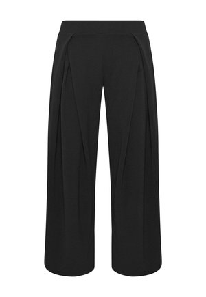 Zwarte broek met wijde pijpen, voorplooien en een hoge taille, ontworpen voor een losse, vloeiende pasvorm.