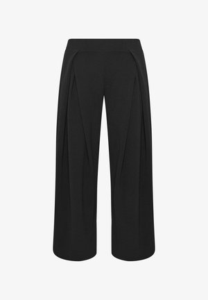 Zwarte broek met wijde pijpen, voorplooien en een hoge taille, ontworpen voor een losse, vloeiende pasvorm.