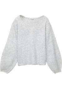 Pulover oversized de culoare gri deschis, realizat dintr-un material moale, cu decolteu în V, mâneci ușor bufante și un tiv scurt.