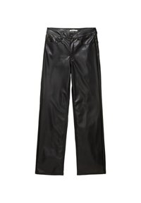 Pantalon noir en similicuir à jambes droites avec bouton devant, fermeture éclair, passants de ceinture et poches avant et arrière, posé à plat sur un fond blanc.