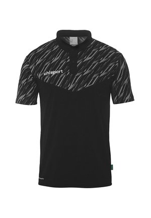 Sort polo shirt med et mørkt mønstret top. Har en krave, to knapper og logo. Fremstillet af åndbart materiale, designet til aktivt brug.