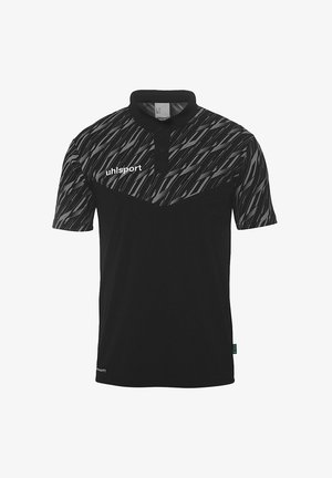 Sort polo shirt med et mørkt mønstret top. Har en krave, to knapper og logo. Fremstillet af åndbart materiale, designet til aktivt brug.