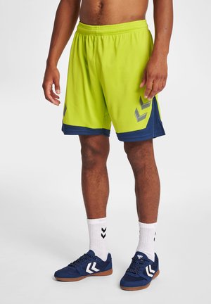 Neon groene sportshorts met een marineblauwe zoom, voorzien van een contrasterend chevronpatroon en een elastische tailleband. Gecombineerd met marineblauwe schoenen.