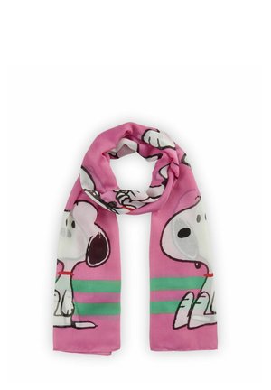 Roze sjaal met een print van een cartoonhond, voorzien van groene horizontale strepen. Gemaakt van lichtgewicht stof met een gladde textuur.