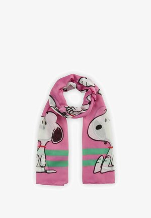 Roze sjaal met een print van een cartoonhond, voorzien van groene horizontale strepen. Gemaakt van lichtgewicht stof met een gladde textuur.