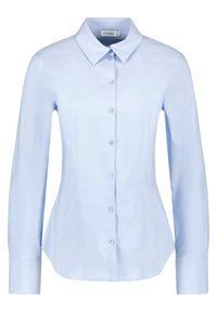Light blue long-sleeve button-up shirt made of smooth fabric. Features a classic collar, front button closure, and fitted silhouette.