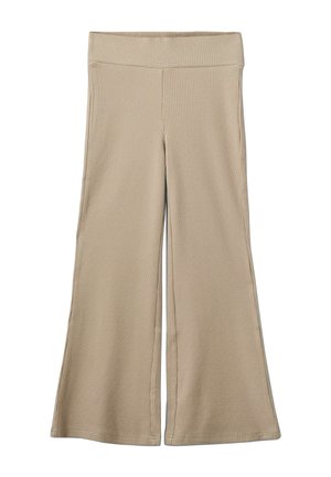 Bež široke hlače iz rebraste tkanine z elastičnim pasom in preprosto, brezšivno zasnovo brez žepov ali okraskov.