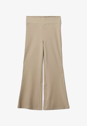 Bézs, bordázott anyagból készült, bőszárú nadrág, elasztikus derékpánttal, egyszerű, zsebek és díszítések nélküli kialakítással.