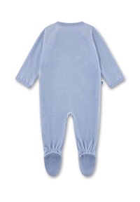 Blauer Fleece-Einsie mit langen Ärmeln, elastischen Fußöffnungen und geripptem Halsausschnitt. Glatte Textur und einfaches Design, keine sichtbaren Muster.