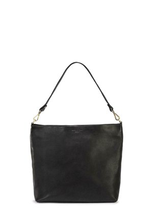 Black leather shoulder bag with a smooth texture, rectangular shape, and a single strap; features gold-tone hardware accents.