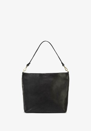 Black leather shoulder bag with a smooth texture, rectangular shape, and a single strap; features gold-tone hardware accents.