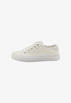White sneakers with a textured lace-like design on the side, flat sole, and round toe. Features six eyelets and white laces.