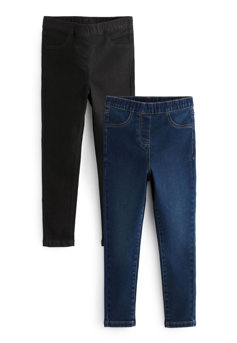 Due paia di leggings elasticizzati: una in nero solido e l'altra in denim blu scuro. Entrambi presentano una comoda vita elastica e tasche finte.