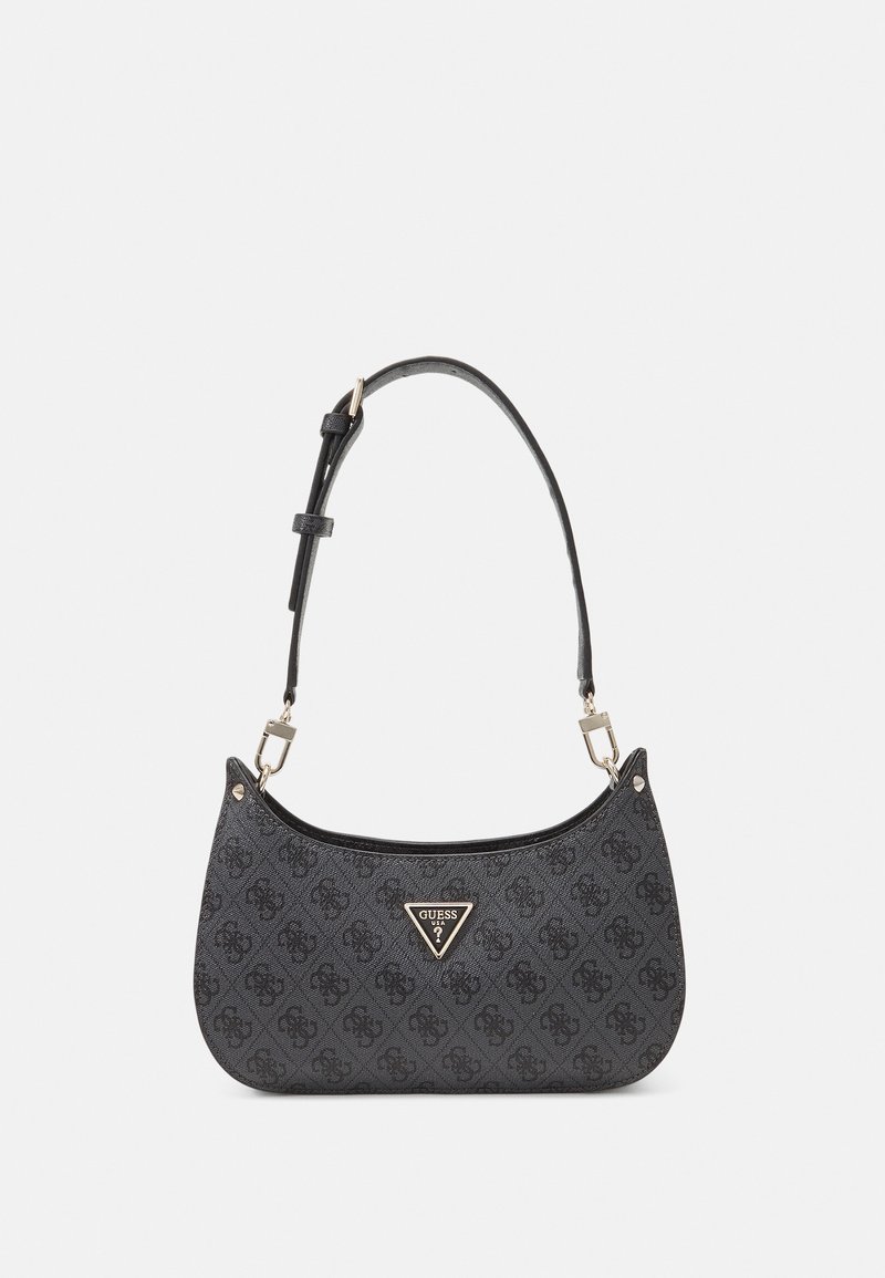 Borsa a spalla nera con motivo testurizzato, caratterizzata da una placca con logo triangolare e hardware tono oro. Tracolla regolabile per versatilità.