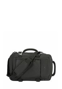 Czarna torba podróżna wykonana z trwałego materiału, z podwójnymi uchwytami, odpinanym paskiem na ramię i wieloma zamykanymi na zamek przegrodami.