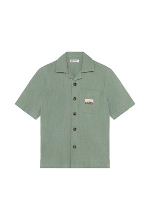 Kortärmelig overhemd met knopen in lichtgroen, met een verticale streepjespatroon, een borstzak met een logo en bruine knopen.