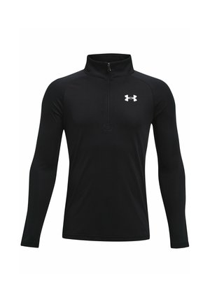 Camiseta deportiva de manga larga negra con cremallera de un cuarto y logo blanco de Under Armour en el pecho, diseñada para el rendimiento y la comodidad.