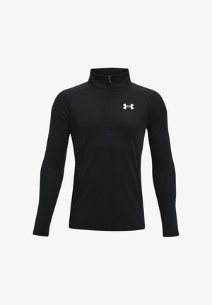 Schwarzes langärmliges Sportoberteil mit Viertelreißverschluss und weißem Under Armour-Logo auf der Brust, entworfen für Leistung und Komfort.