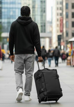 Person mit geflochtenem Haar zieht einen schwarzen Rollkoffer und geht auf einem Bürgersteig in der Stadt mit verschwommenen Gebäuden und Personen im Hintergrund.