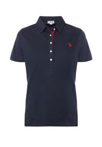 Polo shirt navy con maniche corte, patta con tre bottoni, accento rosso sul colletto e logo ricamato sul lato sinistro del petto. Materiale in misto cotone.