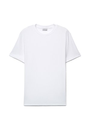 T-shirt blanc unisexe à manches courtes et col rond, tissu lisse, étiquette "Calliope", présenté à plat sur un fond blanc.