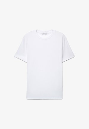 T-shirt blanc unisexe à manches courtes et col rond, tissu lisse, étiquette "Calliope", présenté à plat sur un fond blanc.