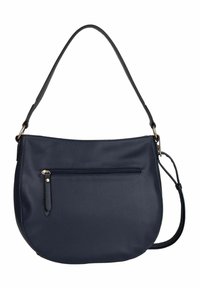 Sac bandoulière en cuir bleu marine à texture granulée, de forme arrondie, avec une poche zippée à l'avant. Il dispose d'une sangle unique réglable.