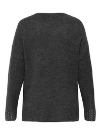 Dark gray knitted sweater with a loose fit, wide neckline, and decorative accents at the cuffs. Soft texture, long sleeves, and straight hem.