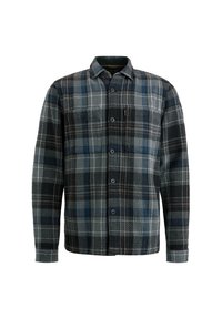 Flanellen shirt met een ruitpatroon in zwart, blauw en grijs. Knopsluiting met twee borstzakken en een kraag. Zachte textuur.
