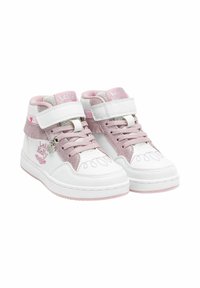 Sneaker alte realizzate in suede rosa e pelle bianca, con dettagli ricamati, lacci e una fascia in Velcro. Suola in gomma bianca.