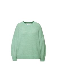 Maglione lavorato a maglia verde chiaro con maniche lunghe, polsini e orlo a coste, caratterizzato da un collo rotondo.