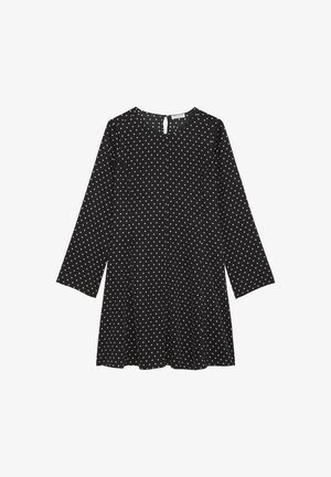 Zwarte jurk met lange mouwen, ronde hals en een gaatje op de rug. Beschikt over witte stippen, een A-lijn vorm en een soepele stofstructuur.
