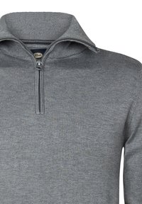 Grauer Zip-Hoodie mit hohem Kragen, gerippter Textur und glattem Stofffinish. Das Design beinhaltet einen zentralen Reißverschluss für einfaches An- und Ausziehen.