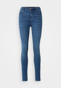 Skinny jeans in medium blue denim, featuring a high waist, front pockets, and subtle whiskering. Stitching in a contrasting gold tone.