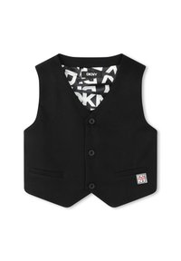 Gilet noir avec un décolleté en V, doté de quatre boutons et de poches latérales. Doublure intérieure avec un motif de logo DKNY. Coupe classique ajustée.