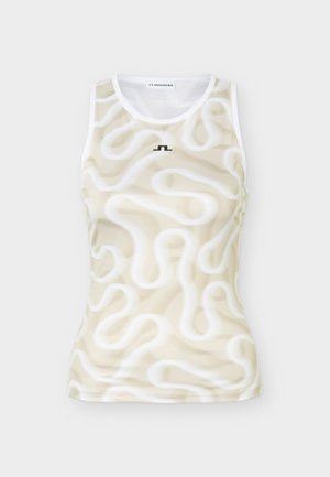 Brezrokavnik športni zgornji del v bež in beli barvi z vzorcem, okroglim izrezom in majhno črno majhno logotipom pod ovratnikom.