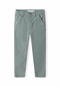 Grüne Baumwollhosen mit geradem Schnitt. Verfügt über vier Taschen, einen Knopfverschluss und eine glatte Textur. Minimalistisches Design, ohne Muster.