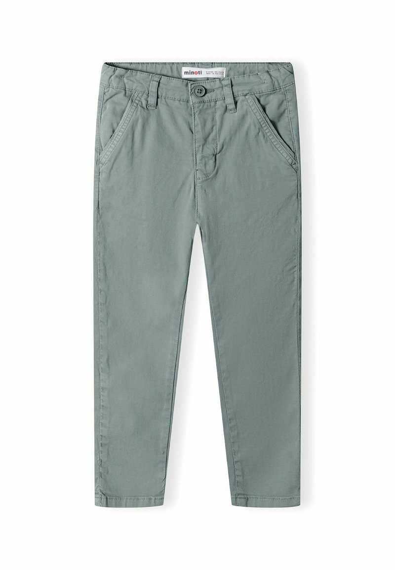 Grüne Baumwollhosen mit geradem Schnitt. Verfügt über vier Taschen, einen Knopfverschluss und eine glatte Textur. Minimalistisches Design, ohne Muster.