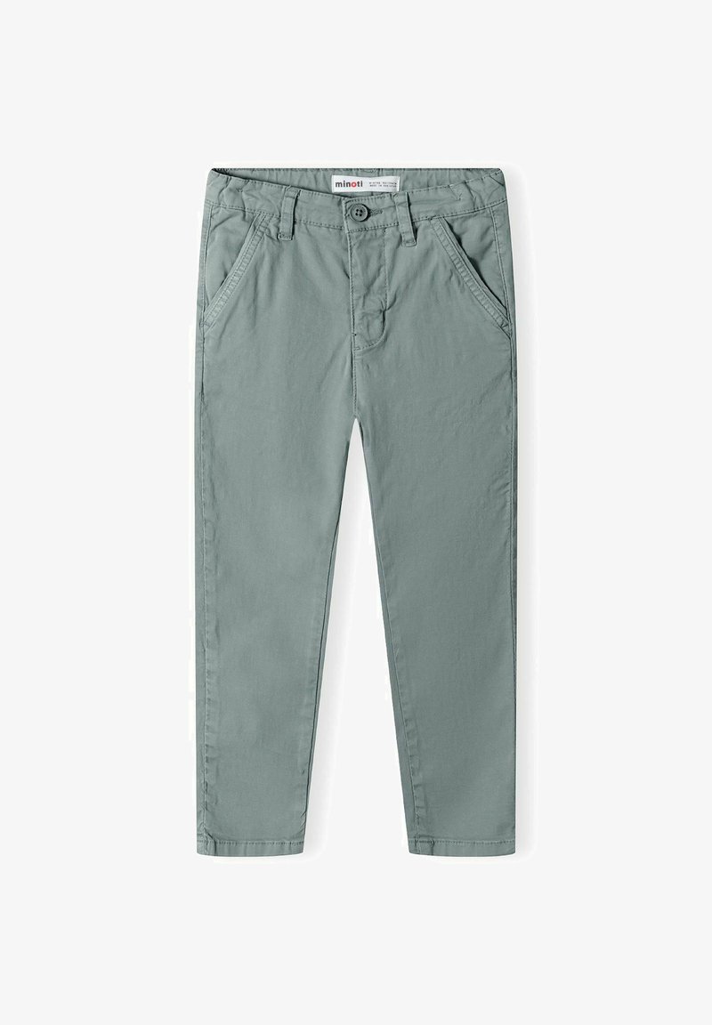 Zeleni bombažni hlače s ravnim krojem. Imajo štiri žepke, gumbasto zapiranje in gladko teksturo. Minimalističen dizajn, brez vzorcev.